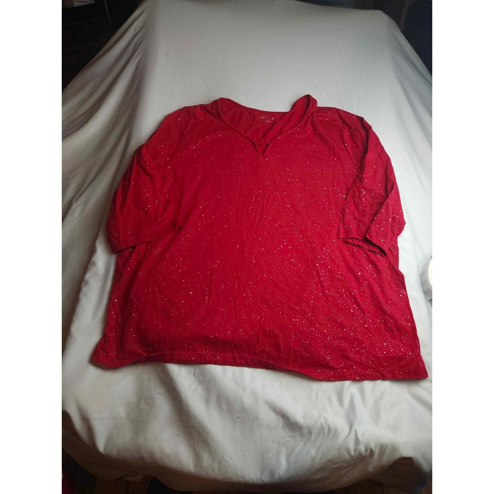 Catherines Womens 3X 26/28 Red Sparkle Glitter V-Neck 3/4 Sleeve Top Shirt